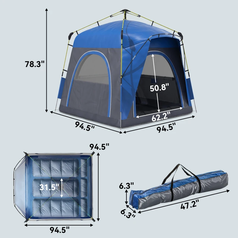 Outsunny 3 Person Pop Up Camping Tent Quick Setup Automatic Hydraulic Family Travel Tent w/ Windows Doors Carry Bag, Blue