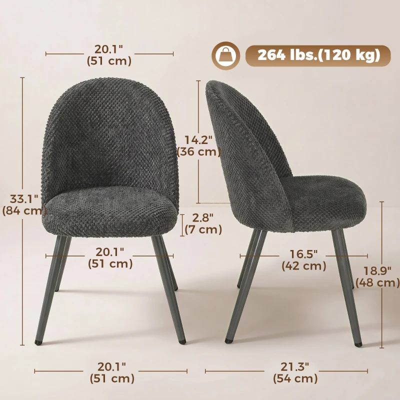 HOMCOM Dining Chairs Velvet Fabric Upholstered Kitchen Chairs Metal Legs Set of 2, Dining Room, Home, Dark Grey