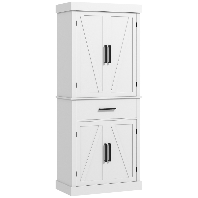 HOMCOM 72" Kitchen Storage Cabinet, Farmhouse Kitchen Pantry Cabinet with 4 Barn Doors, Drawer, Adjustable Shelves, White