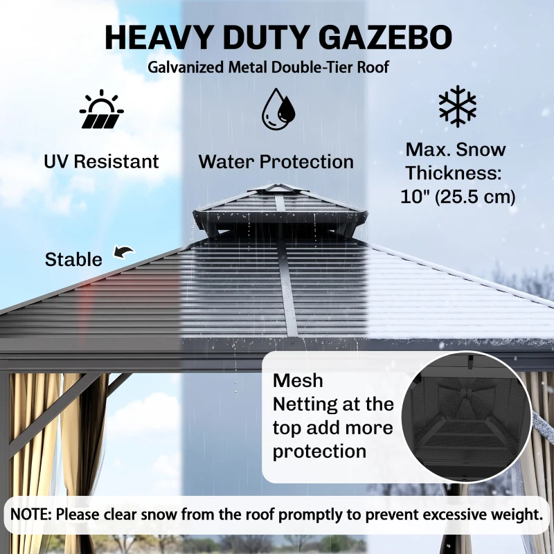 Outsunny 10' x 10' Hardtop Gazebo, Sun Shelter with Double Tier Metal Roof, Mosquito Netting, and Hanging Hook, Dark Brown