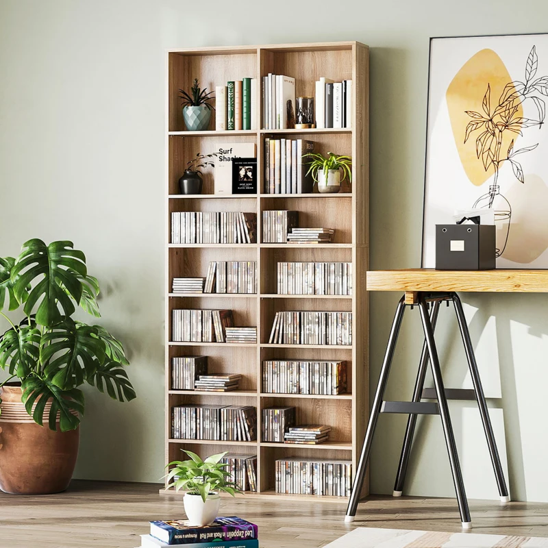 HOMCOM 9-Tier DVD Shelf with 18 Compartments and 14 Adjustable Shelves, Holds 640 CDs, 360 DVDs or 430 Blu-rays, Natural Wood