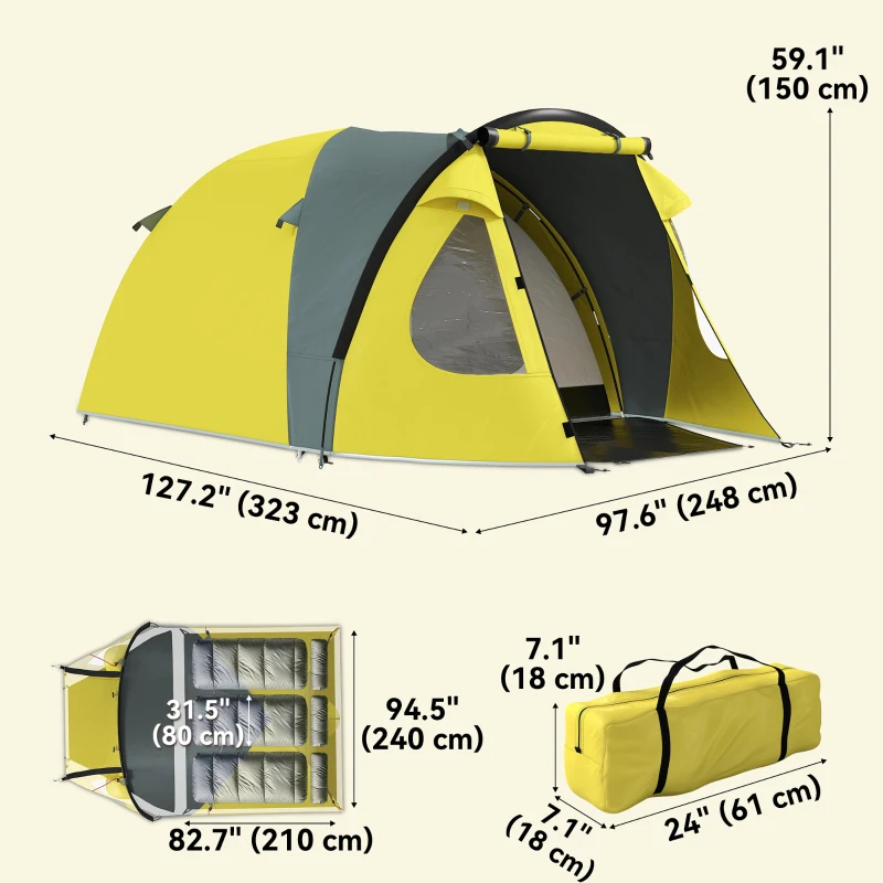Outsunny 2-3 Person Camping Tent, Easy Set Up Dome Tent with Porch, Family Tent with Bedroom and Sewn-in Groundsheet, Yellow