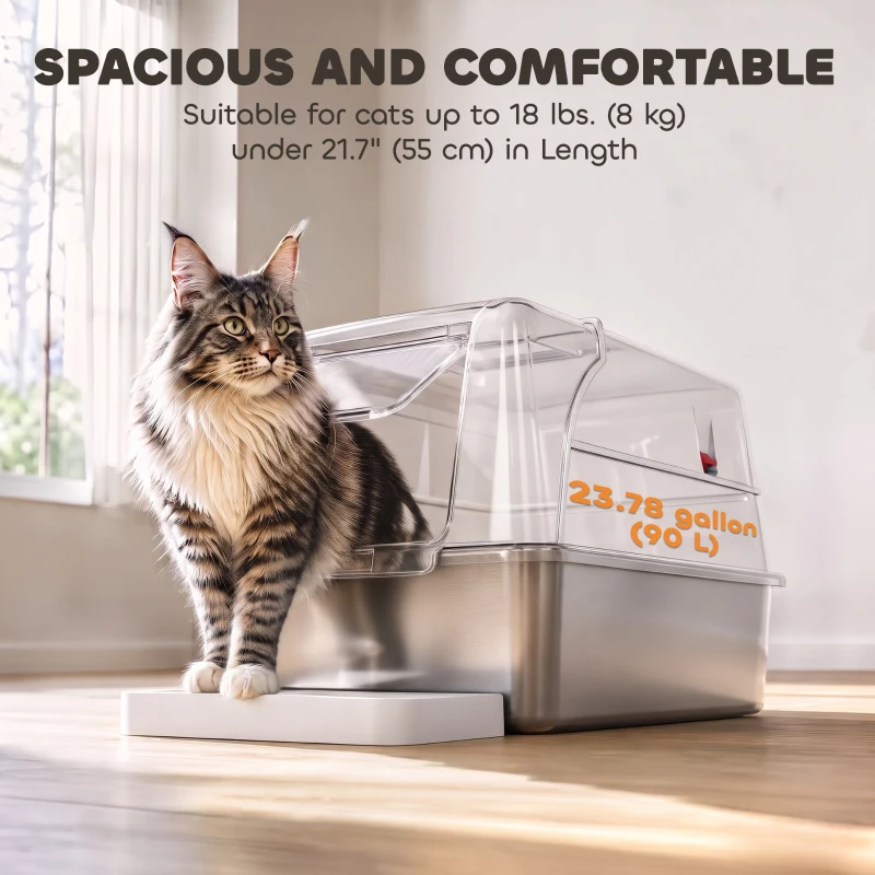 PawHut Stainless Steel Cat Litter Box with Lid, XL High Sided Enclosed Metal Litter Box w/ Scoop, Step, Pedal, Grey