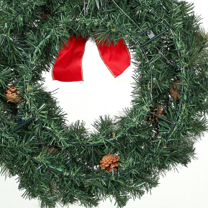 HOMCOM Christmas Decoration, 24 in Pre-Lit Crestwood Spruce Artificial Christmas Wreath, Bow, 50 LED Lights, Green