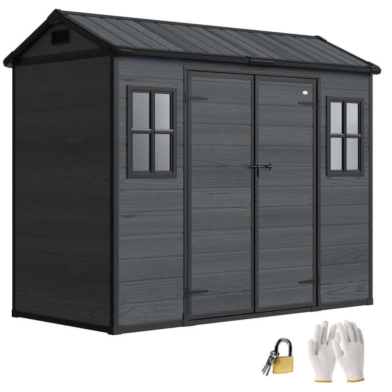 Outsunny 8 x 4 ft Plastic Garden Shed, Wood-Effect Outdoor Storage Shed with Floor, Windows, Lockable Doors and Vents, Dark Grey