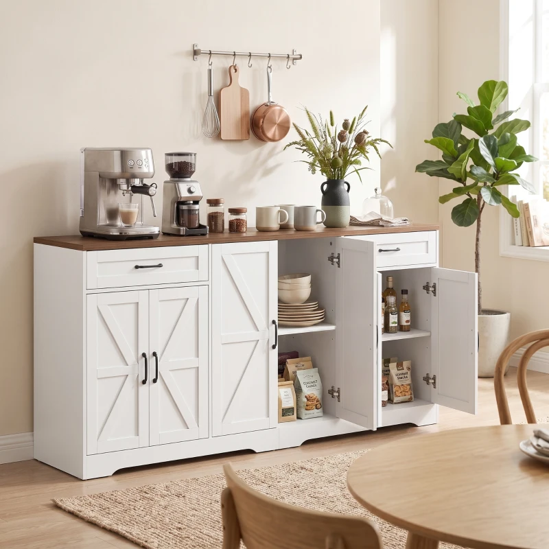 HOMCOM 71" Large Sideboard Buffet Cabinet, Farmhouse Coffee Bar Cabinet with 2 Drawers and 6 Barn Doors, White