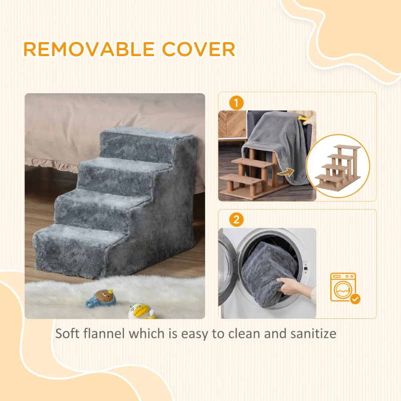 PawHut 4-Step Dog Ramp for Sofa, Bed, and Couch, with Removable Cover, Light Grey