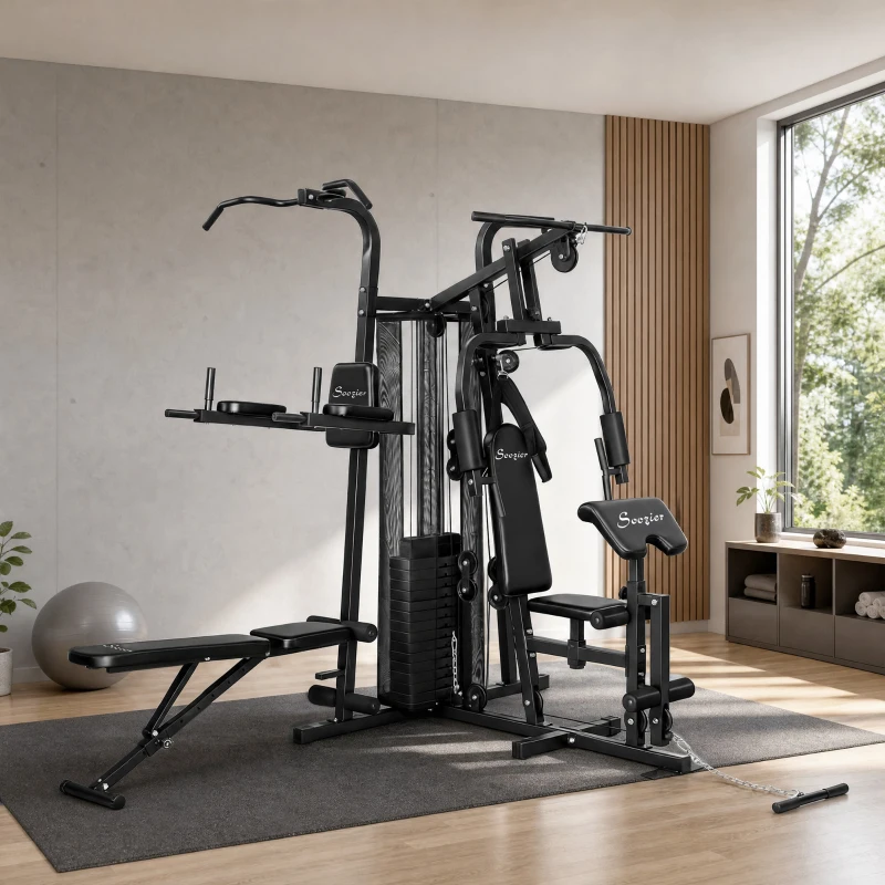 Soozier All-in-One Multi Home Gym Machine Workout Station with Weight Stack and Pulley System for Full Body Training, Black