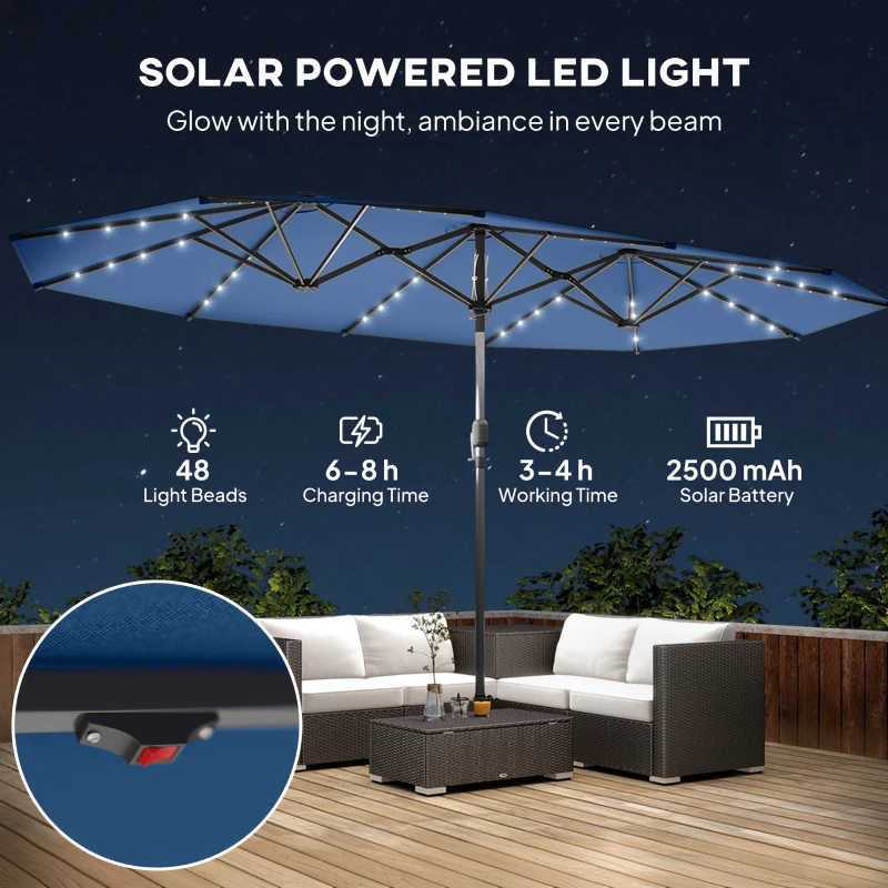 Outsunny Garden Parasol, Double-Sided Sun Umbrella with LED Solar Lights, Patio Parasol for Outdoor, Blue