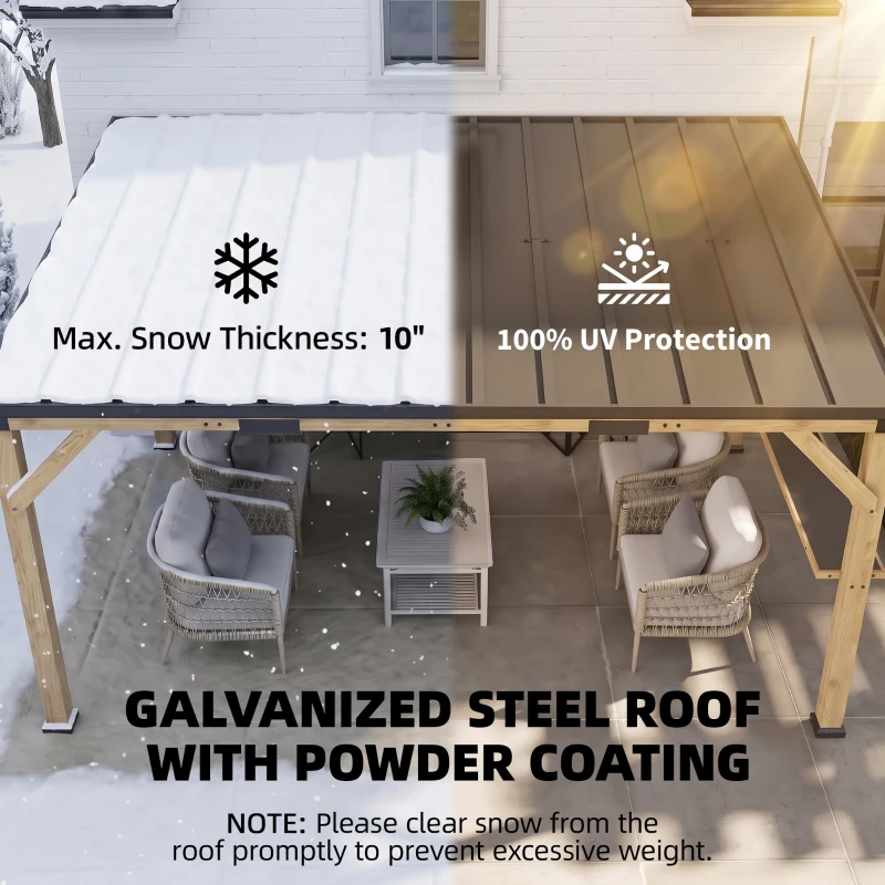Outsunny 10' x 14' Wooden Gazebo, Hardtop Lean-to Gazebo Pergola with Galvanized Steel Sloped Roof, Bar Shelf, Natural Wood
