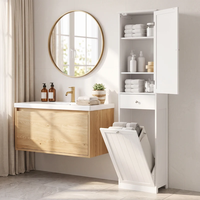 HOMCOM 71" Tall Bathroom Storage Cabinet, Freestanding Narrow Bathroom Cabinet with Tilt-out Laundry Basket, White