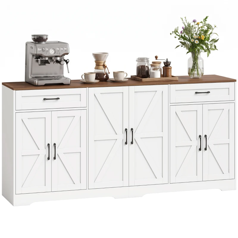 HOMCOM 71" Large Sideboard Buffet Cabinet, Farmhouse Coffee Bar Cabinet with 2 Drawers and 6 Barn Doors, White