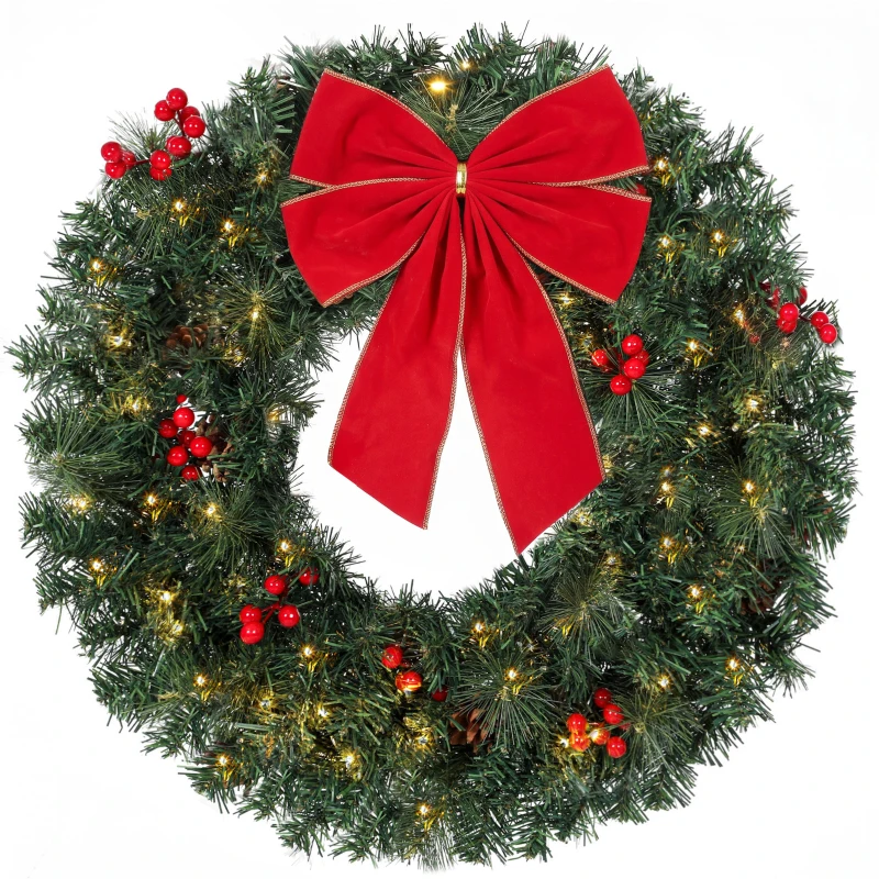 HOMCOM Christmas Decoration, 24 in Pre-Lit Crestwood Spruce Artificial Christmas Wreath, Bow, 50 LED Lights, Green