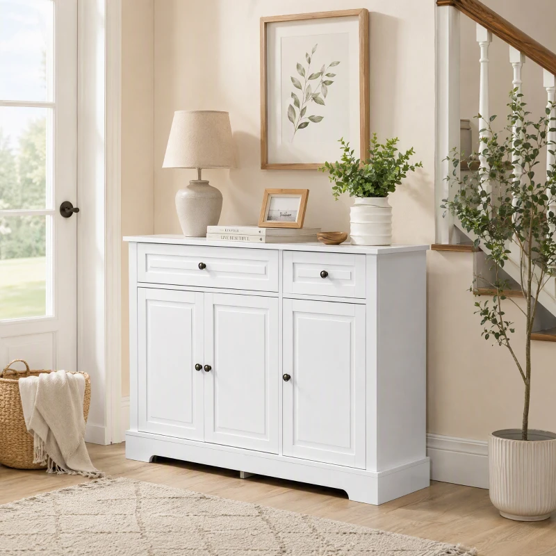 HOMCOM Modern Sideboard Cabinet, Buffet Cabinet with 2 Drawers and Adjustable Shelves, Buffets Tables for Dining Room, White