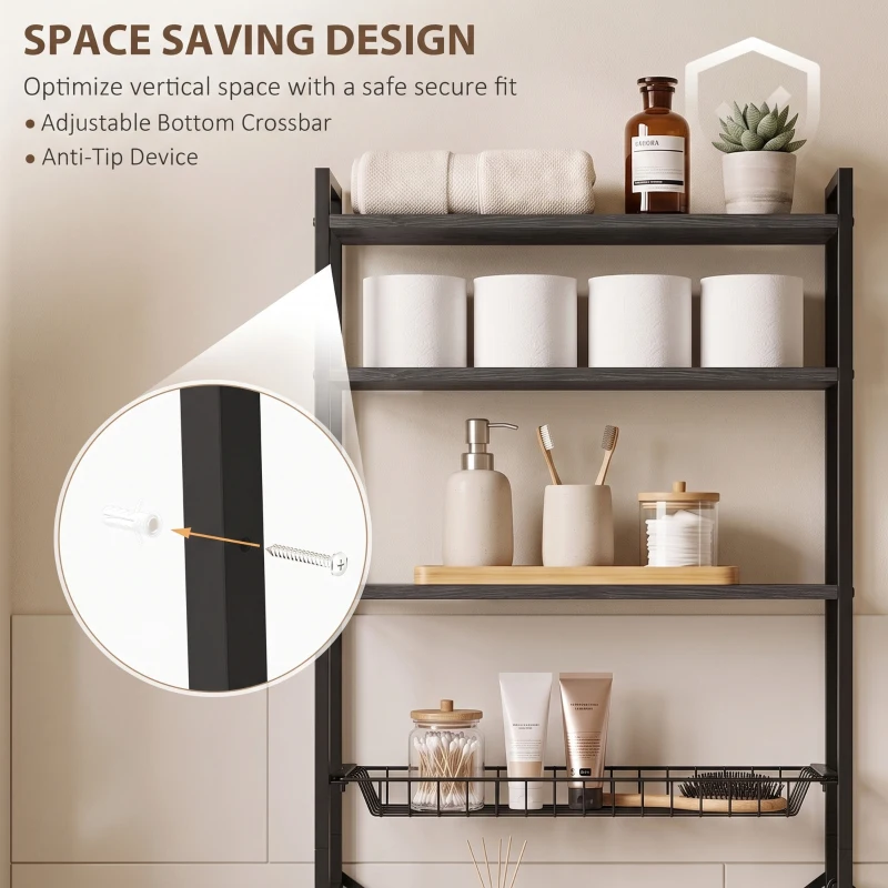 HOMCOM Over-the-Toilet Storage Shelf, 3-Tier Over-Toilet Bathroom Organizer with Adjustable Shelves and Pull-Out Basket, Black