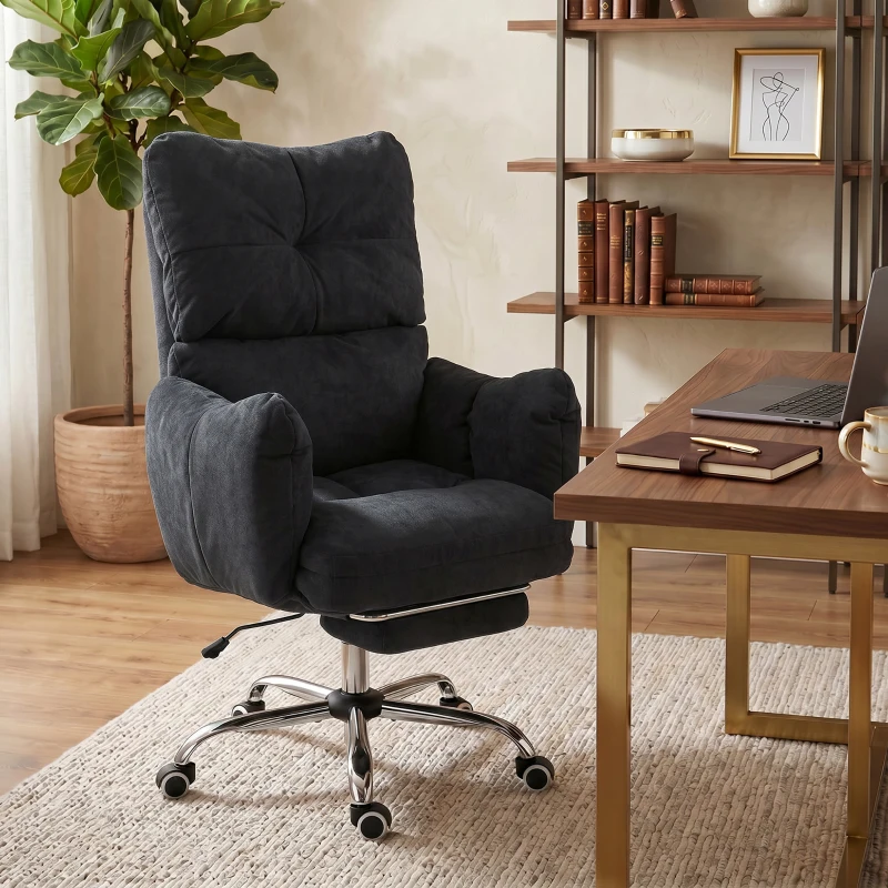 HOMCOM Office Chair with Foot Rest, Ergonomic Reclining Computer Gaming Chair w/ Snow Flannel Fabric, Thick Cushion, Black