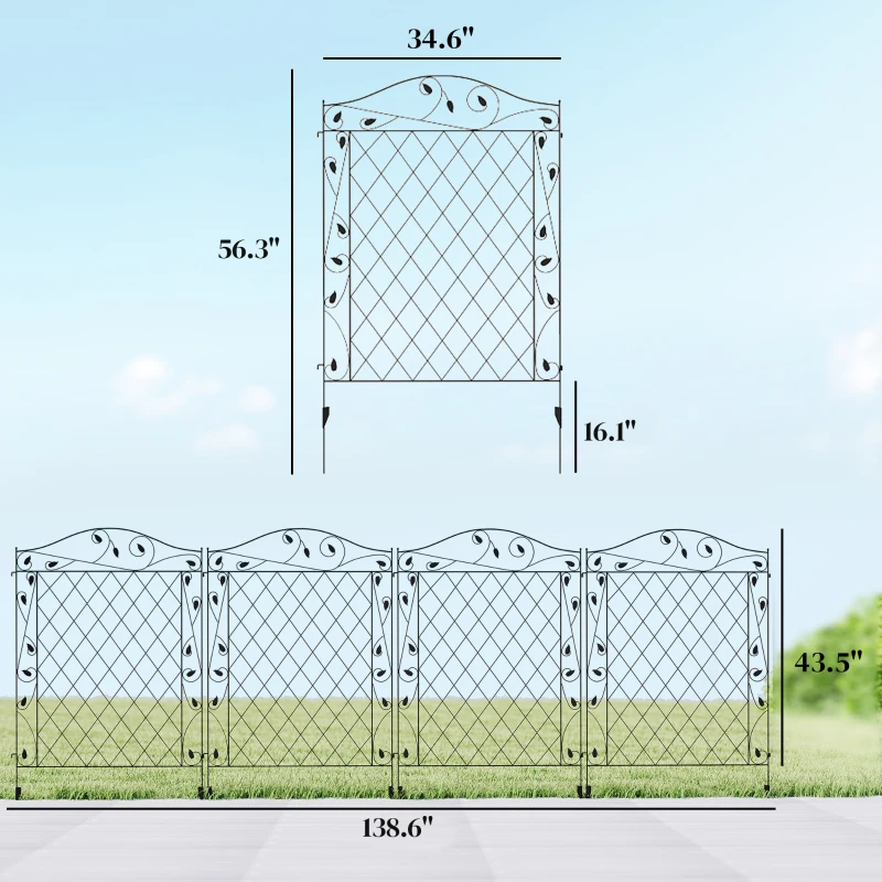 Outsunny Garden Fence, 4 Pack Steel Fence Panels, 11.5' L x 56" H, Rust-Resistant Decorative Border Flower Edging