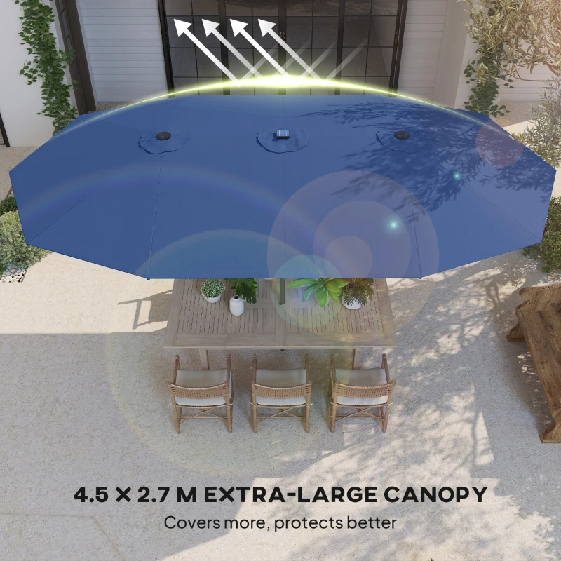 Outsunny Garden Parasol, Double-Sided Sun Umbrella with LED Solar Lights, Patio Parasol for Outdoor, Blue