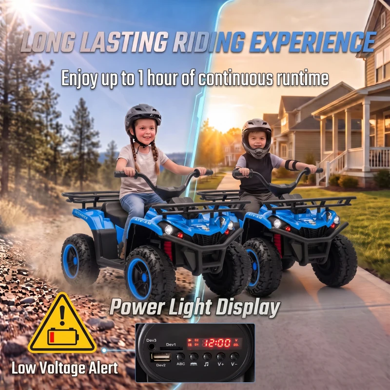 Qaba 24V Ride on ATV, 4 Wheeler for Kids with Dual Motors, Soft Start, Battery Display, Music, Lights for 3-8 Years, Blue
