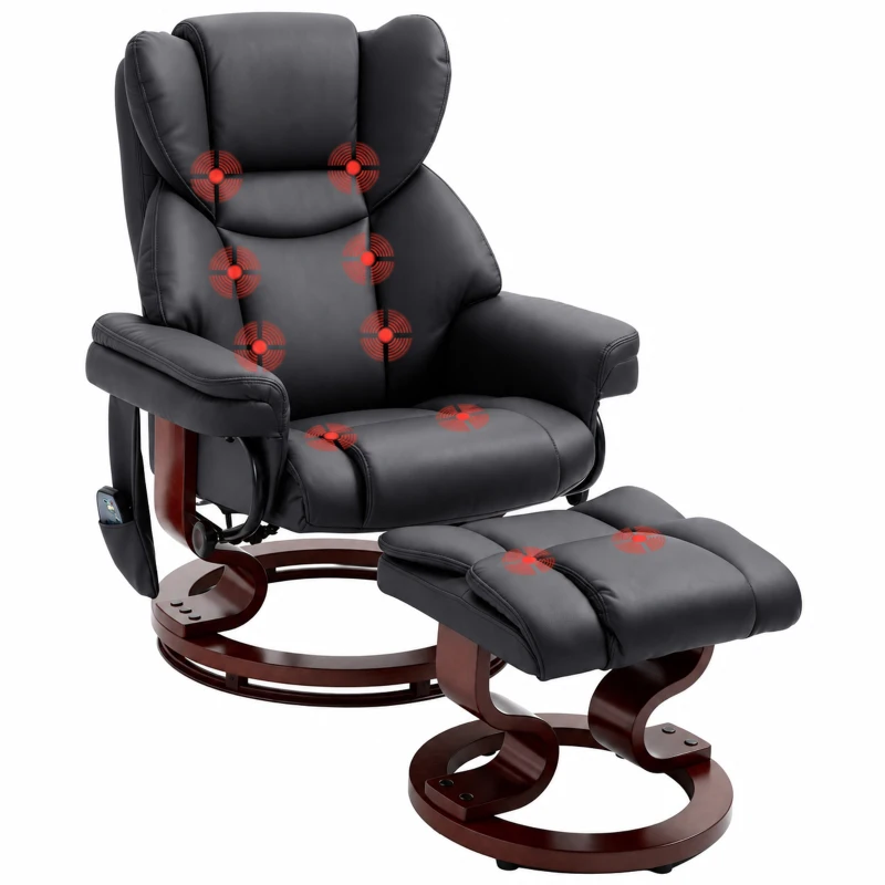 HOMCOM Massage Recliner Chair with Footrest, Swivel Armchair, Wrapped Wood Base, 10 Massage Points, Faux Leather, Black