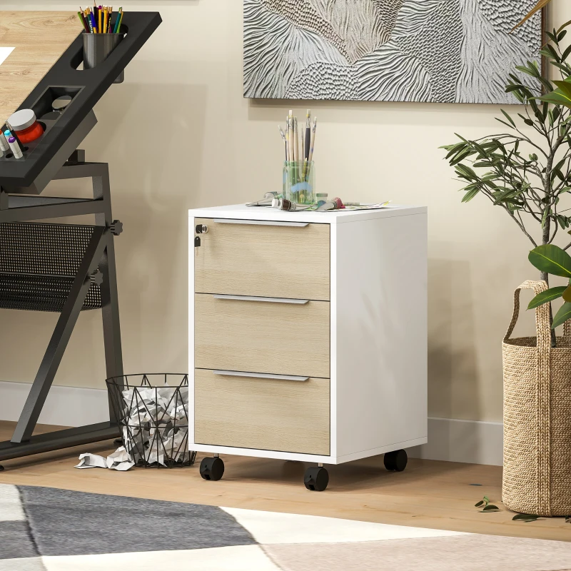 HOMCOM 3 Drawer File Cabinet with Wheels, Vertical Filing Cabinet with Lock, Oak