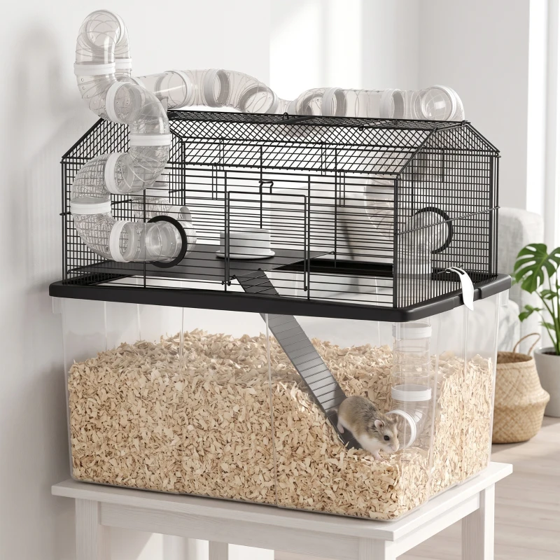 PawHut 2 Tier Hamster Cage with 12" Deep Tray, Tube System, Water Bottle, Ramp, Feeding Bowl, 23" x 17" x 22", Black