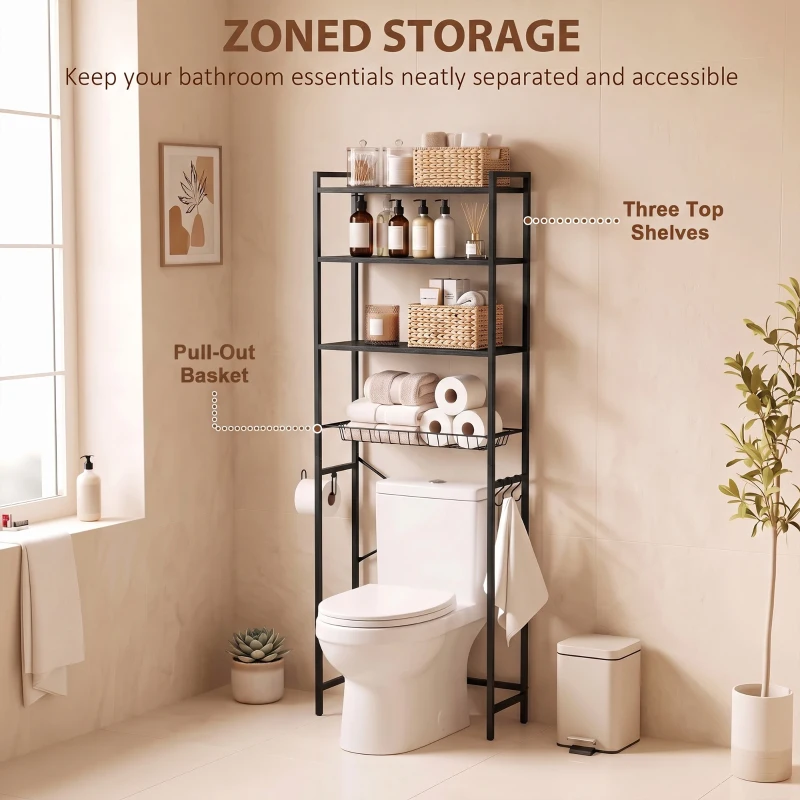 HOMCOM Over-the-Toilet Storage Shelf, 3-Tier Over-Toilet Bathroom Organizer with Adjustable Shelves and Pull-Out Basket, Black