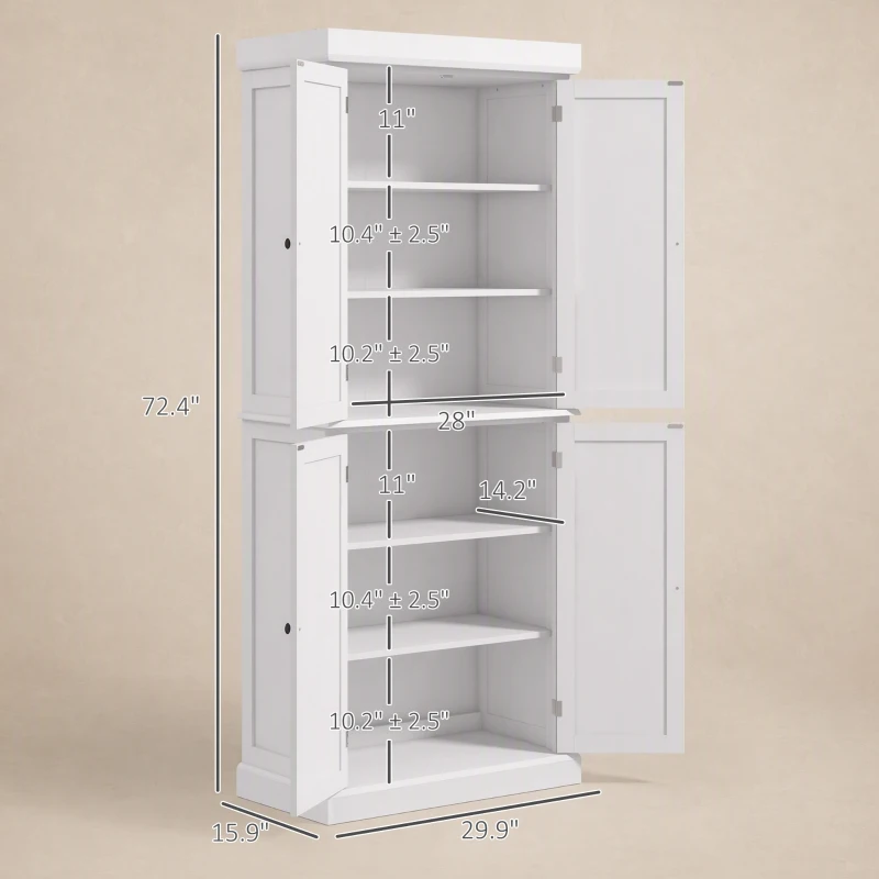 HOMCOM 72" Kitchen Cabinet, Pantry Storage Cabinet with Doors and Shelves, Freestanding Food Pantry Cabinet, White