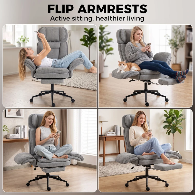 HOMCOM Criss Cross Office Chair with Flip Armrests, Adjustable Headrest, Swivel Tilt Reclining Desk Chair with Wheels, Gray