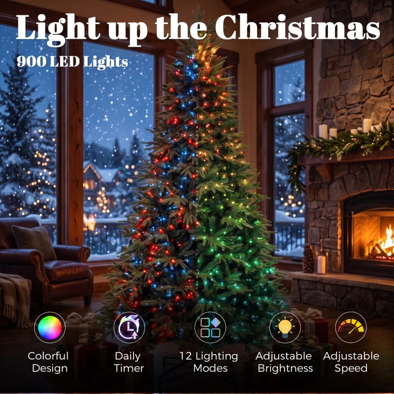 HOMCOM 9ft Christmas Tree with Synchronized LEDs, DIY Function, Frasier Grande Fir with Hinge Design, Remote, Daily Timer