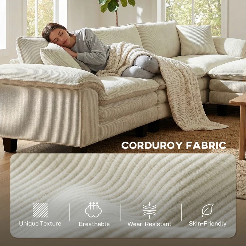 HOMCOM Sectional Sofa, L Shaped Couch with Deep Seat, Movable Ottoman and Pillow-top Armrests, Beige