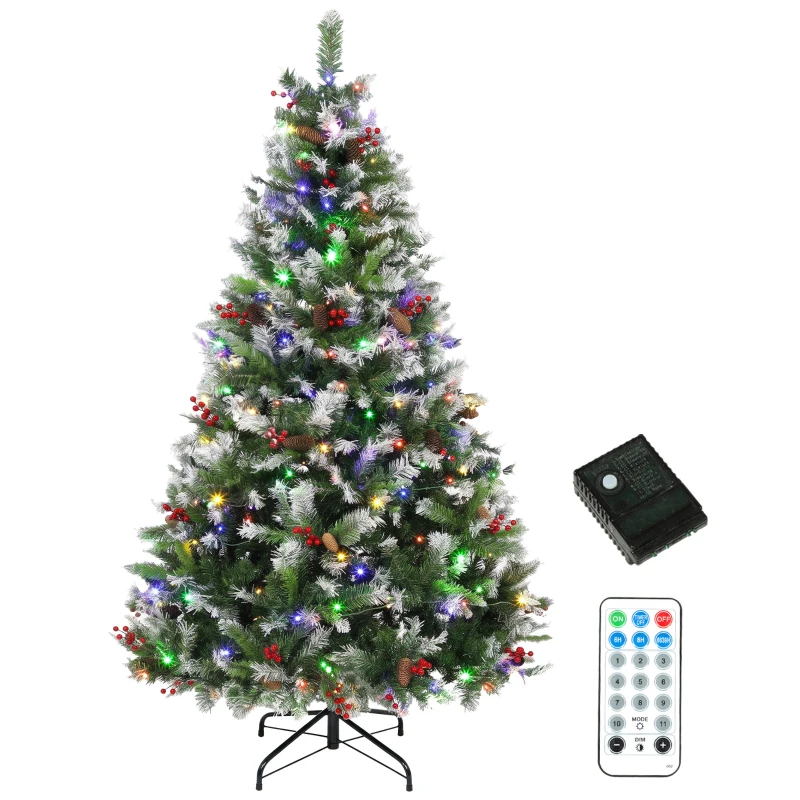 HOMCOM 7ft Flocked Prelit Christmas Tree Spruce, Dual Colour, Remote, Hinged Artificial Xmas Tree with Pinecones, Berries