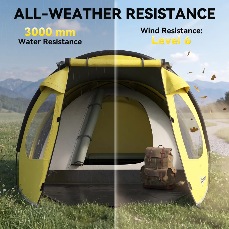 Outsunny 2-3 Person Camping Tent, Easy Set Up Dome Tent with Porch, Family Tent with Bedroom and Sewn-in Groundsheet, Yellow