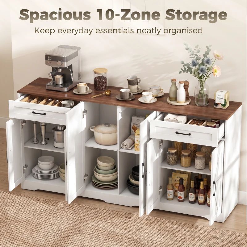 HOMCOM 71" Large Sideboard Buffet Cabinet, Farmhouse Coffee Bar Cabinet with 2 Drawers and 6 Barn Doors, White