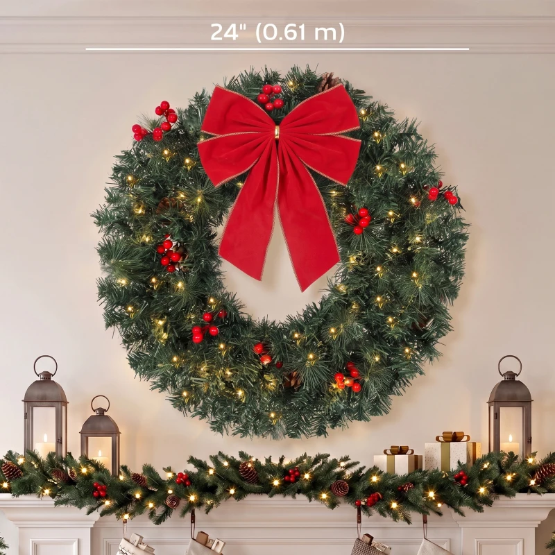 HOMCOM Christmas Decoration, 24 in Pre-Lit Crestwood Spruce Artificial Christmas Wreath, Bow, 50 LED Lights, Green