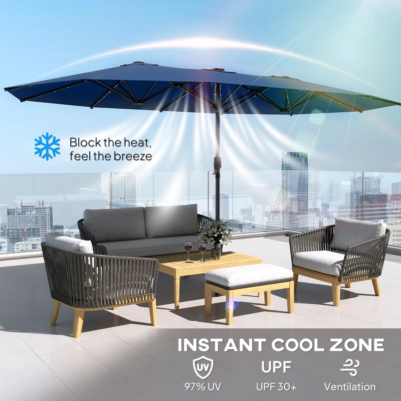 Outsunny Garden Parasol, Double-Sided Sun Umbrella with LED Solar Lights, Patio Parasol for Outdoor, Blue