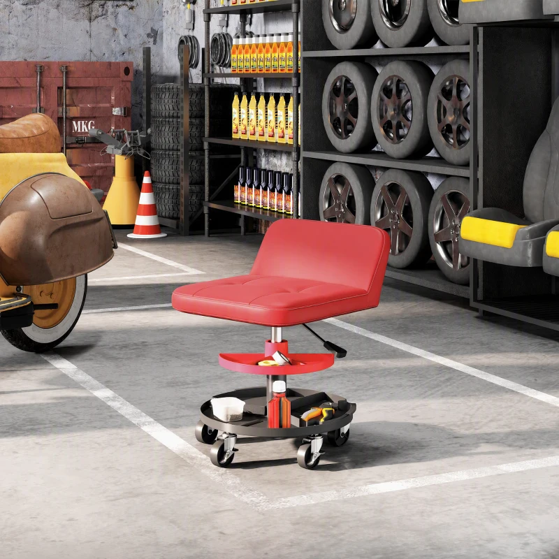 HOMCOM Rolling Creeper Garage Stool, 300 LBS Capacity Mechanic Stool with 360° Wheels, Tool Tray, Adjustable Height, Red