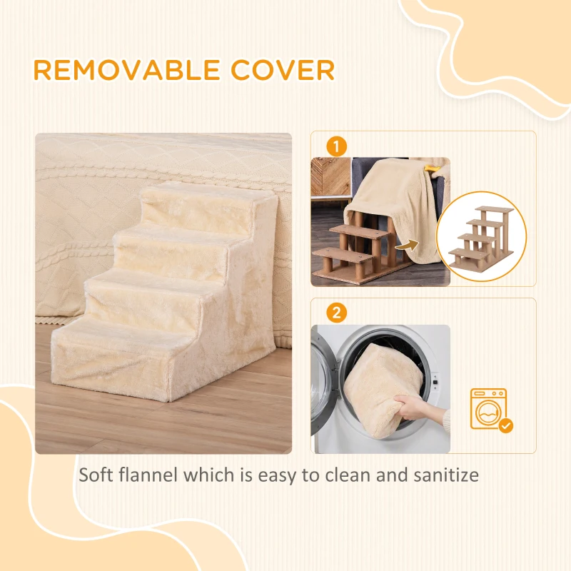PawHut 4-Step Dog Ramp for Sofa, Bed, and Couch, with Removable Cover, Beige