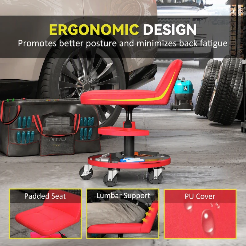 HOMCOM Rolling Creeper Garage Stool, 300 LBS Capacity Mechanic Stool with 360° Wheels, Tool Tray, Adjustable Height, Red