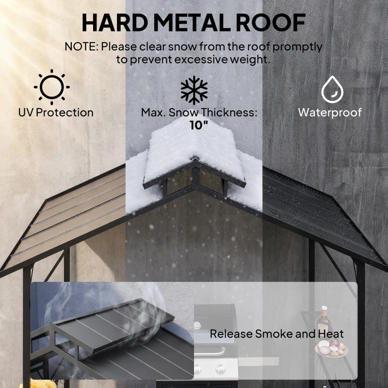 Outsunny 8 x 5ft Hardtop Grill Gazebo with Double Metal Roof, 2 Side Shelves and 10 Hooks for Patio Backyard Lawn Deck