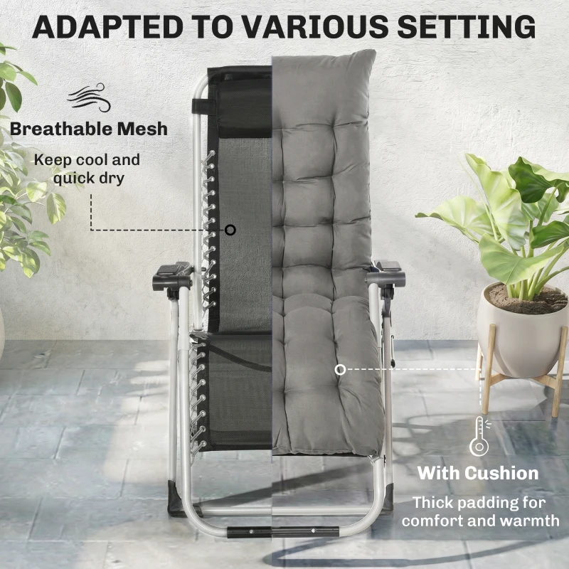 Outsunny Reclining Zero Gravity Chair with Adjustable Backrest, Folding Garden Sun Lounger, Outdoor Recliner with Removable Cushion and Headrest, Dark Grey