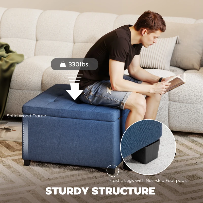 HOMCOM Round Storage Ottoman Bench, Button Tufted Ottoman with Flip Top for Living Room, Entryway and Bedroom, Blue