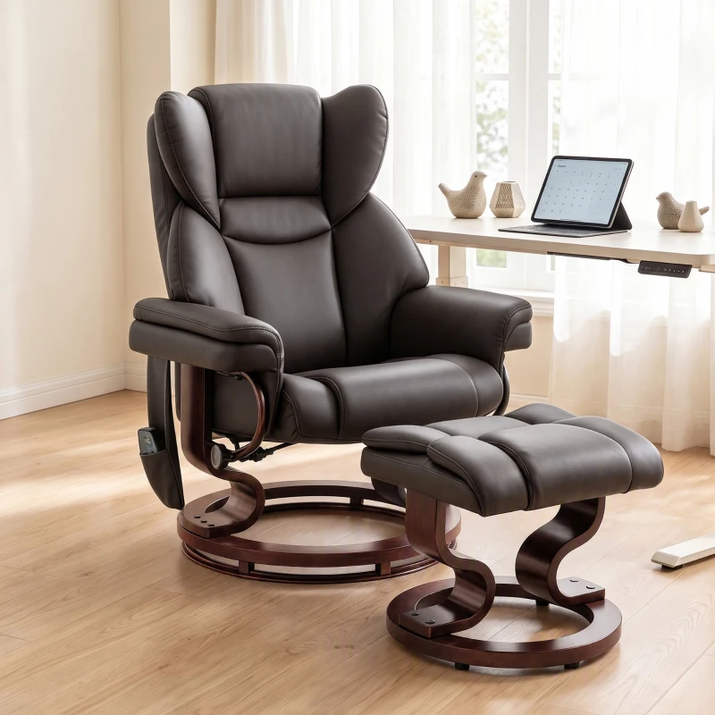 HOMCOM Massage Recliner Chair with Footrest, Swivel Armchair, Wrapped Wood Base, 10 Massage Points, Faux Leather, Brown