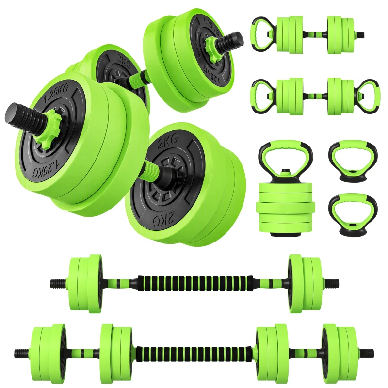 Soozier 44lbs 4-in-1 Adjustable Weight Dumbbell Set, Barbell, Kettlebell, Push Up Stand, Green
