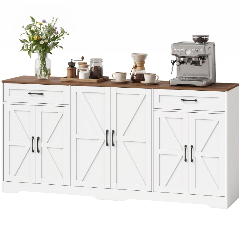 HOMCOM 71" Large Sideboard Buffet Cabinet, Farmhouse Coffee Bar Cabinet with 2 Drawers and 6 Barn Doors, White