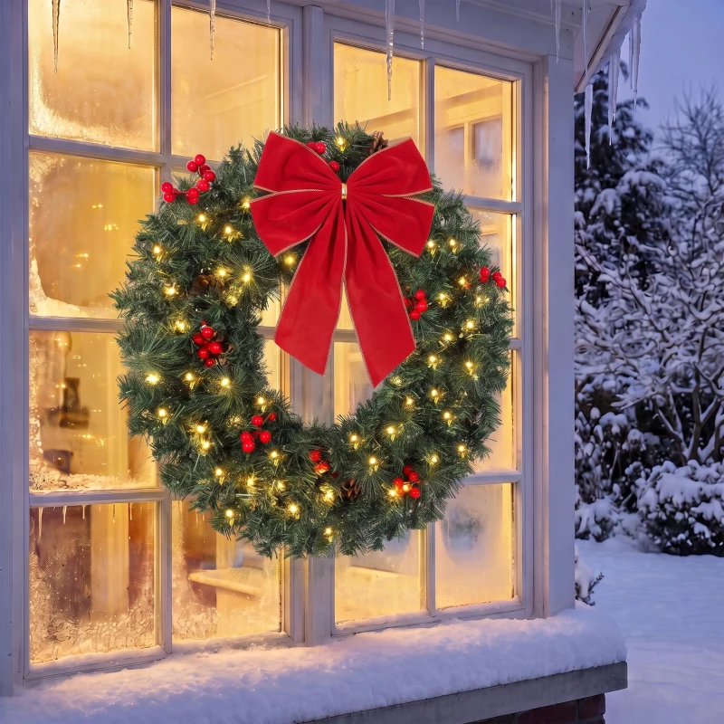 HOMCOM Christmas Decoration, 24 in Pre-Lit Crestwood Spruce Artificial Christmas Wreath, Bow, 50 LED Lights, Green