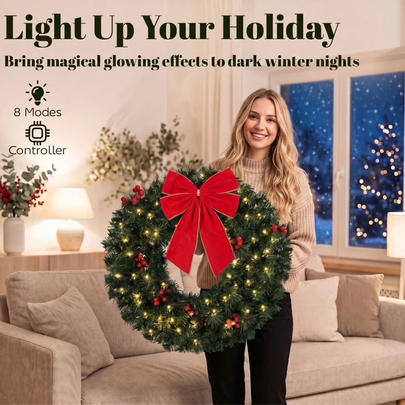 HOMCOM Christmas Decoration, 24 in Pre-Lit Crestwood Spruce Artificial Christmas Wreath, Bow, 50 LED Lights, Green