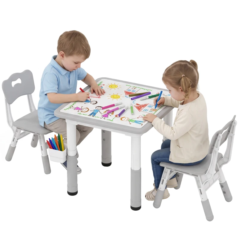 Qaba 3 Pieces Toddler Table and Chair Set, Height Adjustable Kids Table and Chair Set w/ Storage, for Playroom Grey