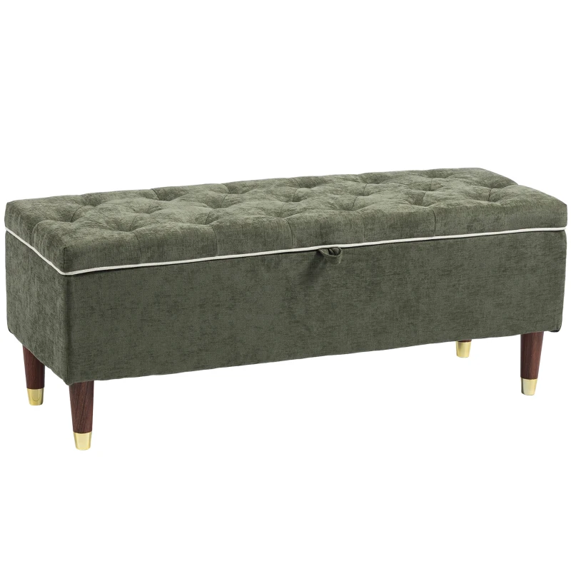HOMCOM Storage Ottoman Bench, Linen-Look Upholstered Seat, 264 LBS Capacity, End of Bed Bench, Green