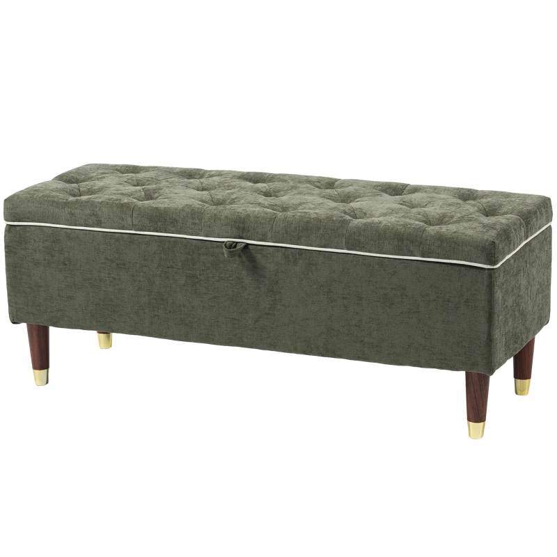 HOMCOM Storage Ottoman Bench, Linen-Look Upholstered Seat, 264 LBS Capacity, End of Bed Bench, Green